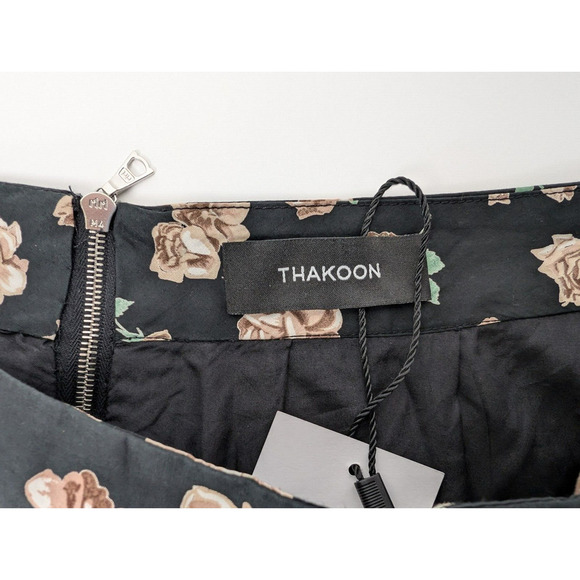 THAKOON Ruched Front Silk Floral Rose Black Brown Mini Skirt Sz 6 Retro - Picture 7 of 12